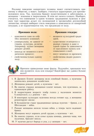 55
Реальное поведение конкретного человека может соответствовать при-
нятому в обществе, а может, наоборот, считаться характерным для противо-
положного пола. Так, мужчины бывают мужественными и заботливыми, а
женщины – нежными и энергичными.  В  этом нет ничего плохого.  Наоборот,
считается, что совмещение в одном человеке традиционно мужских и жен-
ских черт характера делает его полноценной и чрезвычайно дееспособной
личностью, которая выбирает стиль поведения в зависимости от конкретной
ситуации, а не ограничивается тем, что предписано ее полу.
Прочтите приведенные ниже факты. Подумайте, признаком чего
они являются: пола или гендера? Какой факт вас удивил больше
всего?
     
Признаки пола:
•
	
появляются сами по себе
(без внешнего влияния);
•
	
универсальны, не зависят от
страны, культуры, религии
(например, только женщины
рожают детей);
•
	
никогда не меняются в исто-
рическом процессе;
•
	
свойственны только одному
полу.
Признаки гендера:
•
	
являются культурной тради-
цией;
•
	
существенно отличаются в
разных странах и даже в
одной стране (в зависимости
от населенного пункта или
социального слоя);
•
	
могут меняться со временем;
•
	
свойственны людям разного
пола.
1.
	
В Древнем Египте женщины вели семейный бизнес, а мужчины
занимались домашним хозяйством.
2.
		
Женщины рожают детей, а мужчины – нет.
3.
	
	Во многих странах женщинам платят меньше, чем мужчинам, за
одинаковую работу.
4.
	
	В  подростковом возрасте тембр голоса у мальчиков меняется
(«ломается»), а у девочек – нет.
5.
	
	В  некоторых культурах мужчины всегда готовят еду, а женщины
ремонтируют жилье.
6.
	
	В  большинстве стран традиционная одежда мужчин – брюки, а в
Шотландии – юбка.
7.
	
	Раньше женщины носили только юбки, а теперь часто надевают
брюки.
8.
		
Женщины могут кормить детей грудью, а мужчины – нет.
9.
	
	Во многих странах, если семье нужна помощь, девочки чаще, чем
мальчики, бросают школу.
10.
	
У мужчин растут борода и усы, а у женщин – нет.
 
