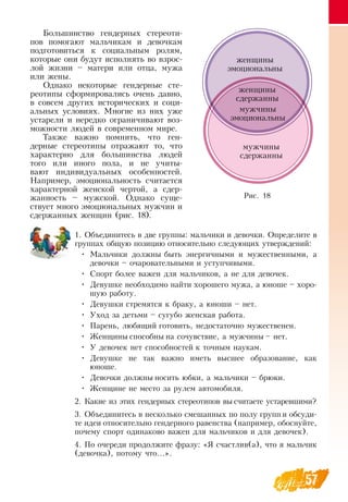 57
Большинство гендерных стереоти-
пов помогают мальчикам и девочкам
подготовиться к социальным ролям,
которые они будут исполнять во взрос-
лой жизни – матери или отца, мужа
или жены.
Однако некоторые гендерные сте-
реотипы сформировались очень давно,
в совсем других исторических и соци-
альных условиях. Многие из них уже
устарели и нередко ограничивают воз-
можности людей в современном мире.
Также важно помнить, что ген-
дерные стереотипы отражают то, что
характерно для большинства людей
того или иного пола, и не учиты-
вают индивидуальных особенностей.
Например, эмоциональность считается
характерной женской чертой, а сдер-
жанность – мужской.  Однако суще-
ствует много эмоциональных мужчин и
сдержанных женщин (рис. 18).
       
1.
	
Объединитесь в две группы: мальчики и девочки.  Определите в
группах общую позицию относительно следующих утверждений:
•
	
Мальчики должны быть энергичными и мужественными, а
девочки – очаровательными и уступчивыми.
•
	
Спорт более важен для мальчиков, а не для девочек.
•
	
Девушке необходимо найти хорошего мужа, а юноше – хоро-
шую работу.
•
	
Девушки стремятся к браку, а юноши – нет.
•
	
Уход за детьми – сугубо женская работа.
•
	
Парень, любящий готовить, недостаточно мужественен.
•
	
Женщины способны на сочувствие, а мужчины – нет.
•
	
У девочек нет способностей к точным наукам.
•
	
Девушке не так важно иметь высшее образование, как
юноше.
•
	
Девочки должны носить юбки, а мальчики – брюки.
•
	
Женщине не место за рулем автомобиля.
2.
	
Какие из этих гендерных стереотипов вы считаете устаревшими?
  
3.
	
Объединитесь в несколько смешанных по полу групп и обсуди-
те идеи относительно гендерного равенства (например, обоснуйте,
почему спорт одинаково важен для мальчиков и для девочек).
4.
	
По очереди продолжите фразу: «Я  счастлив(а), что я мальчик
(девочка), потому что...».
мужчины
сдержанны
женщины
сдержанны
мужчины
эмоциональны
женщины
эмоциональны
Рис. 18
 