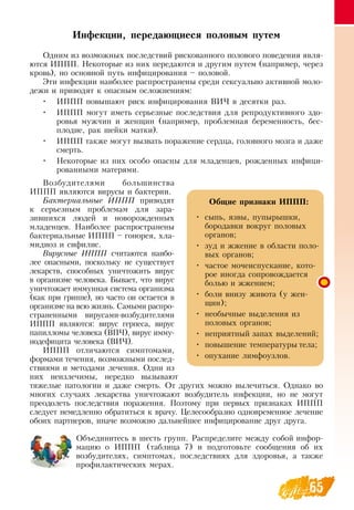 65
Инфекции, передающиеся половым путем
Одним из возможных последствий рискованного полового поведения явля-
ются ИППП.  Некоторые из них передаются и другим путем (например, через
кровь), но основной путь инфицирования – половой.
Эти инфекции наиболее распространены среди сексуально активной моло-
дежи и приводят к опасным осложнениям:
•
	
ИППП повышают риск инфицирования  ВИЧ в десятки раз.
•
	
ИППП могут иметь серьезные последствия для репродуктивного здо-
ровья мужчин и женщин (например, проблемная беременность, бес-
плодие, рак шейки матки).
•
	
ИППП также могут вызвать поражение сердца, головного мозга и даже
смерть.
•
	
Некоторые из них особо опасны для младенцев, рожденных инфици-
рованными матерями.
  
Возбудителями большинства
ИППП являются вирусы и бактерии.
Бактериальные ИППП приводят
к серьезным проблемам для зара­
зившихся людей и новорожденных
младенцев.  Наиболее распространены
бактериальные ИППП – гонорея, хла-
мидиоз и сифилис.
Вирусные ИППП считаются наибо-
лее опасными, поскольку не существует
лекарств, способных уничтожить вирус
в организме человека. Бывает, что вирус
уничтожает иммунная система организма
(как при гриппе), но часто он остается в
организме на всю жизнь.  Самыми распро-
страненными вирусами-возбудителями
ИППП являются: вирус герпеса, вирус
папилломы человека (ВПЧ), вирус имму-
нодефицита человека (ВИЧ).
ИППП отличаются симптомами,
формами течения, возможными послед-
ствиями и методами лечения.  Одни из
них неизлечимы, нередко вызывают
тяжелые патологии и даже смерть.  От других можно вылечиться.  Однако во
многих случаях лекарства уничтожают возбудитель инфекции, но не могут
преодолеть последствия поражения. Поэтому при первых признаках ИППП
следует немедленно обратиться к врачу. Целесообразно одновременное лечение
обоих партнеров, иначе возможно дальнейшее инфицирование друг друга.
Объединитесь в шесть групп.  Распределите между собой инфор-
мацию о ИППП (таблица 7) и подготовьте сообщения об их
возбудителях, симптомах, последствиях для здоровья, а также
профилактических мерах.
   
Общие признаки ИППП:
•
	
сыпь, язвы, пупырышки,
бородавки вокруг половых
органов;
•
	
зуд и жжение в области поло-
вых органов;
•
	
частое мочеиспускание, кото-
рое иногда сопровождается
болью и жжением;
•
	
боли внизу живота (у жен-
щин);
•
	
необычные выделения из
половых органов;
•
	
неприятный запах выделений;
•
	
повышение температуры тела;
•
	
опухание лимфоузлов.
 