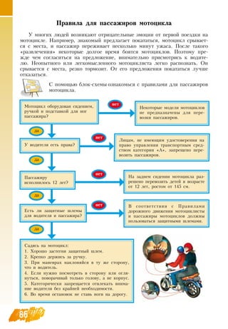 86
Мотоцикл оборудован сидением,
ручкой и подставкой для ног
пассажира?
Лицам, не имеющим удостоверения на
право управления транспортным сред-
ством категории «А», запрещено пере-
возить пассажиров.
На заднем сидении мотоцикла раз-
решено перевозить детей в возрасте
от 12 лет, ростом от 145 см.
В  соответствии с Правилами
дорожного движения мотоциклисты
и пассажиры мотоциклов должны
пользоваться защитными шлемами.
Садясь на мотоцикл:
1. Хорошо застегни защитный шлем.
2. Крепко держись за ручку.
3. При маневрах наклоняйся в ту же сторону,
что и водитель.
4. Если нужно посмотреть в сторону или огля-
нуться, поворачивай только голову, а не корпус.
5. Категорически запрещается отвлекать внима-
ние водителя без крайней необходимости.
6.  Во время остановок не ставь ноги на дорогу.
У водителя есть права?
Пассажиру
исполнилось 12 лет?
Есть ли защитные шлемы
для водителя и пассажира?
Некоторые модели мотоциклов
не предназначены для пере-
возки пассажиров.
Правила для пассажиров мотоцикла
У многих людей возникают отрицательные эмоции от первой поездки на
мотоцикле.  Например, знакомый предлагает покататься, мотоцикл срывает-
ся с места, и пассажир переживает несколько минут ужаса. После такого
«развлечения» некоторые долгое время боятся мотоциклов. Поэтому пре-
жде чем согласиться на предложение, внимательно присмотрись к водите-
лю.  Неопытного или легкомысленного мотоциклиста легко распознать.  Он
срывается с места, резко тормозит.  От его предложения покататься лучше
отказаться.
С  помощью блок-схемы ознакомься с правилами для пассажиров
мотоцикла.
нет
нет
нет
нет
да
да
да
да
 