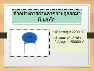 • ค่าความจุ = 2200 pF
• ค่าทนแรงดันไฟฟ้า
ได้สูงสุด = 50000 V
ตัวอย่างการอ่านค่าความจุออกมา
เป็นรหัส
 