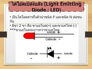 ไดโอดเปล่งแสง (Light Emitting
Diode : LED)
• เป็นไดโอดสารกึ่งตัวนำชนิด P และชนิด N ต่อชน
กัน
• มีขา 2 ขา คือ ขาแอโนด(+) และขาแคโทด (-)
***ขาแอโนดจะยาวกว่าขาแคโทด
 