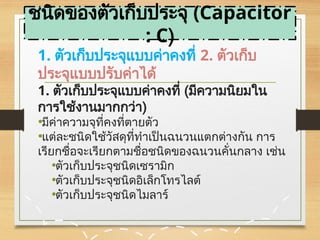 1. ตัวเก็บประจุแบบค่าคงที่ 2. ตัวเก็บ
ประจุแบบปรับค่าได้
1. ตัวเก็บประจุแบบค่าคงที่ (มีความนิยมใน
การใช้งานมากกว่า)
•มีค่าความจุที่คงที่ตายตัว
•แต่ละชนิดใช้วัสดุที่ทำเป็นฉนวนแตกต่างกัน การ
เรียกชื่อจะเรียกตามชื่อชนิดของฉนวนคั่นกลาง เช่น
•ตัวเก็บประจุชนิดเซรามิก
•ตัวเก็บประจุชนิดอิเล็กโทรไลต์
•ตัวเก็บประจุชนิดไมลาร์
ชนิดของตัวเก็บประจุ (Capacitor
: C)
 
