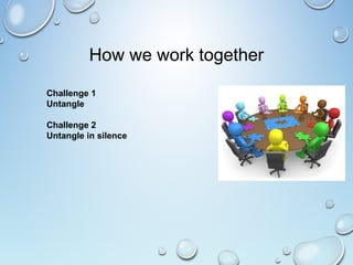 How we work together
Challenge 1
Untangle
Challenge 2
Untangle in silence
 