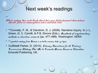 Next week’s readings
While reading this week think about how your field placement observations
should focus on commonplaces and a narrative lens
• **Connelly, F. M., & Clandinin, D. J. (2006). Narrative inquiry. In J. L.
Green, G. C. Camilli, & P.B. Elmore (Eds.), Handbook of complementary
methods in education research (pp. 477–488). Washington: AERA
• **repeated reading from Session 1, as both sessions take up topic 
• Ciuffetelli Parker, D. (2014). Literacy Narratives for 21st
Century
Curriculum Making: The 3Rs to Excavate Diverse Issues in Education.
Emerald Publishing, UK.
 