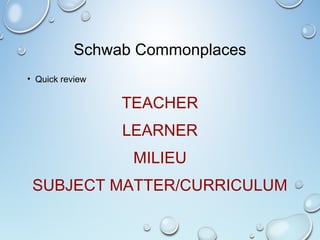 Schwab Commonplaces
• Quick review
TEACHER
LEARNER
MILIEU
SUBJECT MATTER/CURRICULUM
 