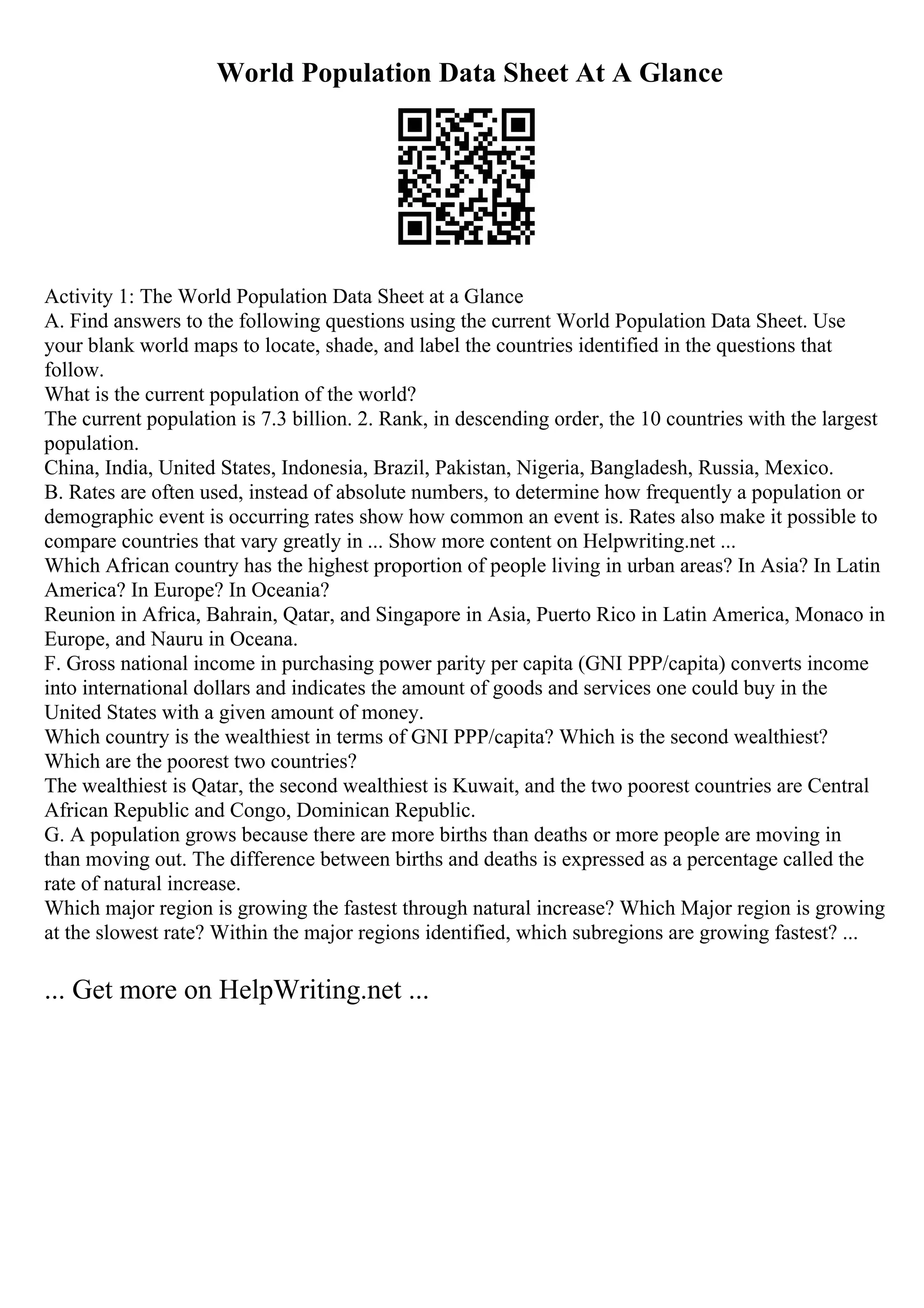 World Population Data Sheet At A Glance
Activity 1: The World Population Data Sheet at a Glance
A. Find answers to the following questions using the current World Population Data Sheet. Use
your blank world maps to locate, shade, and label the countries identified in the questions that
follow.
What is the current population of the world?
The current population is 7.3 billion. 2. Rank, in descending order, the 10 countries with the largest
population.
China, India, United States, Indonesia, Brazil, Pakistan, Nigeria, Bangladesh, Russia, Mexico.
B. Rates are often used, instead of absolute numbers, to determine how frequently a population or
demographic event is occurring rates show how common an event is. Rates also make it possible to
compare countries that vary greatly in ... Show more content on Helpwriting.net ...
Which African country has the highest proportion of people living in urban areas? In Asia? In Latin
America? In Europe? In Oceania?
Reunion in Africa, Bahrain, Qatar, and Singapore in Asia, Puerto Rico in Latin America, Monaco in
Europe, and Nauru in Oceana.
F. Gross national income in purchasing power parity per capita (GNI PPP/capita) converts income
into international dollars and indicates the amount of goods and services one could buy in the
United States with a given amount of money.
Which country is the wealthiest in terms of GNI PPP/capita? Which is the second wealthiest?
Which are the poorest two countries?
The wealthiest is Qatar, the second wealthiest is Kuwait, and the two poorest countries are Central
African Republic and Congo, Dominican Republic.
G. A population grows because there are more births than deaths or more people are moving in
than moving out. The difference between births and deaths is expressed as a percentage called the
rate of natural increase.
Which major region is growing the fastest through natural increase? Which Major region is growing
at the slowest rate? Within the major regions identified, which subregions are growing fastest? ...
... Get more on HelpWriting.net ...
 