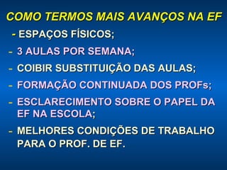 COMO TERMOS MAIS AVANÇOS NA EF -  ESPAÇOS FÍSICOS; 3 AULAS POR SEMANA; COIBIR SUBSTITUIÇÃO DAS AULAS; FORMAÇÃO CONTINUADA DOS PROFs; ESCLARECIMENTO SOBRE O PAPEL DA EF NA ESCOLA ; MELHORES CONDIÇÕES DE TRABALHO PARA O PROF. DE EF.   