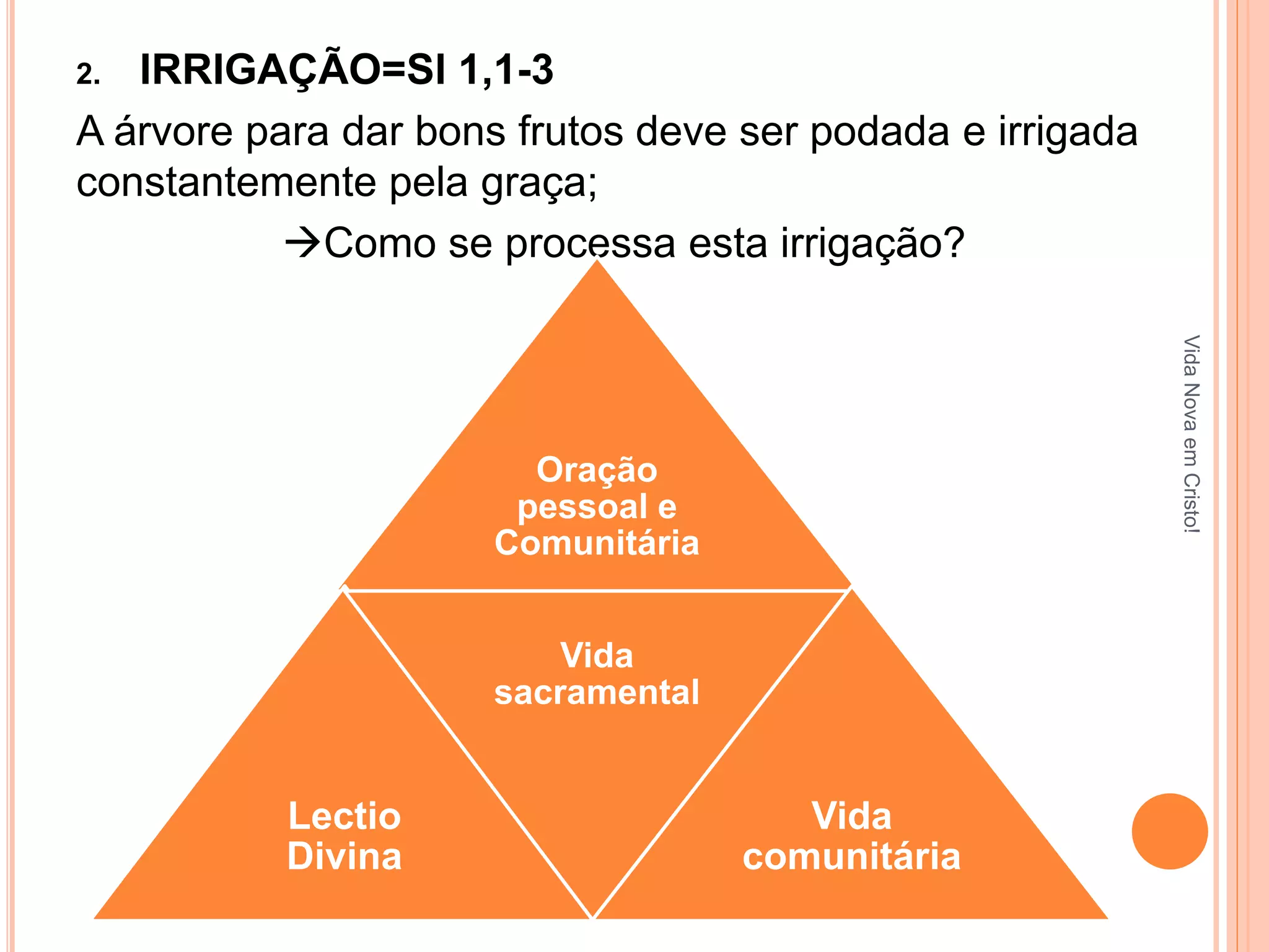 2. IRRIGAÇÃO=Sl 1,1-3 
A árvore para dar bons frutos deve ser podada e irrigada 
constantemente pela graça; 
Como se processa esta irrigação? 
Vida Nova em Cristo! 
Oração 
pessoal e 
Comunitária 
Lectio 
Divina 
Vida 
sacramental 
Vida 
comunitária 
 