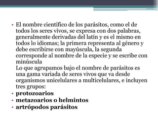 • El nombre científico de los parásitos, como el de
todos los seres vivos, se expresa con dos palabras,
generalmente derivadas del latín y es el mismo en
todos lo idiomas; la primera representa al género y
debe escribirse con mayúscula, la segunda
corresponde al nombre de la especie y se escribe con
minúscula
Lo que agrupamos bajo el nombre de parásitos es
una gama variada de seres vivos que va desde
organismos unicelulares a multicelulares, e incluyen
tres grupos:
• protozoarios
• metazoarios o helmintos
• artrópodos parásitos
 