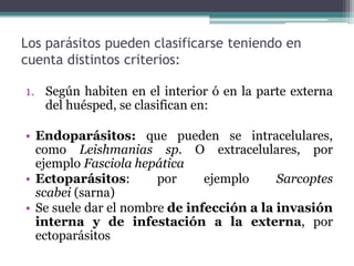 Los parásitos pueden clasificarse teniendo en
cuenta distintos criterios:
1. Según habiten en el interior ó en la parte externa
del huésped, se clasifican en:
• Endoparásitos: que pueden se intracelulares,
como Leishmanias sp. O extracelulares, por
ejemplo Fasciola hepática
• Ectoparásitos: por ejemplo Sarcoptes
scabei (sarna)
• Se suele dar el nombre de infección a la invasión
interna y de infestación a la externa, por
ectoparásitos
 