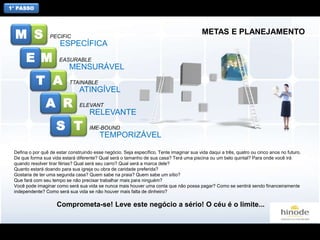 S
M
A
R
T
PECIFIC
EASURABLE
TTAINABLE
ELEVANT
IME-BOUND
ESPECÍFICA
MENSURÁVEL
ATINGÍVEL
RELEVANTE
TEMPORIZÁVEL
M
E
T
A
S
Defina o por quê de estar construindo esse negócio. Seja específico. Tente imaginar sua vida daqui a três, quatro ou cinco anos no futuro.
De que forma sua vida estará diferente? Qual será o tamanho de sua casa? Terá uma piscina ou um belo quintal? Para onde você irá
quando resolver tirar férias? Qual será seu carro? Qual será a marca dele?
Quanto estará doando para sua igreja ou obra de caridade preferida?
Gostaria de ter uma segunda casa? Quem sabe na praia? Quem sabe um sítio?
Que fará com seu tempo se não precisar trabalhar mais para ninguém?
Você pode imaginar como será sua vida se nunca mais houver uma conta que não possa pagar? Como se sentirá sendo financeiramente
independente? Como será sua vida se não houver mais falta de dinheiro?
Comprometa-se! Leve este negócio a sério! O céu é o limite...
METAS E PLANEJAMENTO
1° PASSO
 