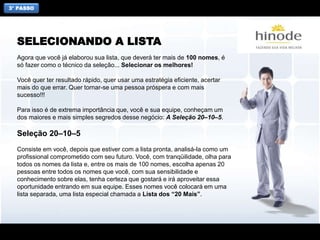 3° PASSO
Agora que você já elaborou sua lista, que deverá ter mais de 100 nomes, é
só fazer como o técnico da seleção... Selecionar os melhores!
Você quer ter resultado rápido, quer usar uma estratégia eficiente, acertar
mais do que errar. Quer tornar-se uma pessoa próspera e com mais
sucesso!!!
Para isso é de extrema importância que, você e sua equipe, conheçam um
dos maiores e mais simples segredos desse negócio: A Seleção 20–10–5.
Seleção 20–10–5
Consiste em você, depois que estiver com a lista pronta, analisá-la como um
profissional comprometido com seu futuro. Você, com tranqüilidade, olha para
todos os nomes da lista e, entre os mais de 100 nomes, escolha apenas 20
pessoas entre todos os nomes que você, com sua sensibilidade e
conhecimento sobre elas, tenha certeza que gostará e irá aproveitar essa
oportunidade entrando em sua equipe. Esses nomes você colocará em uma
lista separada, uma lista especial chamada a Lista dos “20 Mais”.
SELECIONANDO A LISTA
 