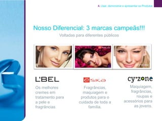 4. Usar, demonstrar e apresentar os Produtos




Nosso Diferencial: 3 marcas campeãs!!!
            Voltadas para diferentes públicos




Os melhores              Fragrâncias,                   Maquiagem,
cremes em               maquiagem e                     fragrâncias,
tratamento para        produtos para o                     roupas e
a pele e              cuidado de toda a              acessórios para
fragrâncias                família.                       as jovens.
 