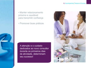 6. Acompanhar,Treinar e Ensinar




• Manter relacionamento
próximo e saudável
para transmitir confiança

• Promover boas práticas




 A atenção e o cuidado
 dedicados ao novo consultor
 durante os primeiros dias
 de atividade, determinam
 seu sucesso!
 