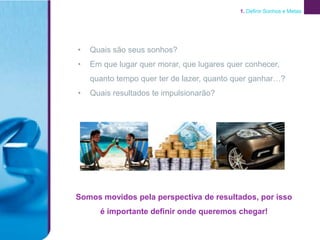 1. Definir Sonhos e Metas




•   Quais são seus sonhos?
•   Em que lugar quer morar, que lugares quer conhecer,
    quanto tempo quer ter de lazer, quanto quer ganhar…?
•   Quais resultados te impulsionarão?




Somos movidos pela perspectiva de resultados, por isso
      é importante definir onde queremos chegar!
 