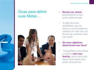 1. Definir Sonhos e Metas




Dicas para definir   •   Devem ser claras,
                         desafiadoras e com
suas Metas…              prazo determinado.

                     •   A ação leva aos
                         resultados, que os
                         levam a novos objetivos,
                         criando um ciclo que vai
                         levá-lo ao sucesso cada
                         vez maior.

                     •   Os seus objetivos
                         determinam seu foco!

                     •    Compartilhe suas ideias
                         e sonhos com sua
                         família, assim terá todo
                         apoio necessário para
                         poder alcançá-los.
 