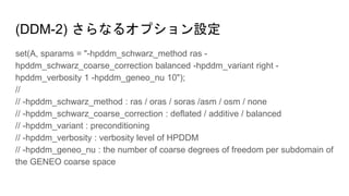 (DDM-2) さらなるオプション設定
set(A, sparams = "-hpddm_schwarz_method ras -
hpddm_schwarz_coarse_correction balanced -hpddm_variant right -
hpddm_verbosity 1 -hpddm_geneo_nu 10");
//
// -hpddm_schwarz_method : ras / oras / soras /asm / osm / none
// -hpddm_schwarz_coarse_correction : deflated / additive / balanced
// -hpddm_variant : preconditioning
// -hpddm_verbosity : verbosity level of HPDDM
// -hpddm_geneo_nu : the number of coarse degrees of freedom per subdomain of
the GENEO coarse space
 