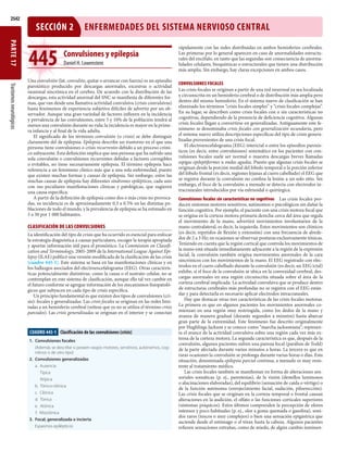 2542
CUADRO 4451 Clasificación de las convulsiones (crisis)
1. Convulsiones focales
(Además se describe si poseen rasgos motores, sensitivos, autónomos, cog-
nitivos o de otro tipo)
2. Convulsiones generalizadas
a. Ausencia
Típica
Atípica
b. Tónico-clónica
c. Clónica
d. Tónica
e. Atónica
f. Mioclónica
3. Focal, generalizada o incierta
Espasmos epilépticos
445
SECCIÓN 2 ENFERMEDADES DEL SISTEMA NERVIOSO CENTRAL
Convulsiones y epilepsia
Daniel H. Lowenstein
Una convulsión (lat. convulsio, quitar o arrancar con fuerza) es un episodio
paroxístico producido por descargas anormales, excesivas o actividad
neuronal sincrónica en el cerebro. De acuerdo con la distribución de las
descargas, esta actividad anormal del SNC se manifiesta de diferentes for-
mas, que van desde una llamativa actividad convulsiva (crisis convulsivas)
hasta fenómenos de experiencia subjetiva difíciles de advertir por un ob-
servador. Aunque una gran variedad de factores influyen en la incidencia
y prevalencia de las convulsiones, entre 5 y 10% de la población tendrá al
menos una convulsión durante su vida; la incidencia es mayor en la prime-
ra infancia y al final de la vida adulta.
El significado de los términos convulsión (o crisis) se debe distinguir
claramente del de epilepsia. Epilepsia describe un trastorno en el que una
persona tiene convulsiones o crisis recurrentes debido a un proceso cróni-
co subyacente. Esta definición implica que una persona que ha sufrido una
sola convulsión o convulsiones recurrentes debidas a factores corregibles
o evitables, no tiene necesariamente epilepsia. El término epilepsia hace
referencia a un fenómeno clínico más que a una sola enfermedad, puesto
que existen muchas formas y causas de epilepsia. Sin embargo, entre las
muchas causas de epilepsia hay diferentes síndromes epilépticos, cada uno
con sus peculiares manifestaciones clínicas y patológicas, que sugieren
una causa específica.
A partir de la definición de epilepsia como dos o más crisis no provoca-
das, su incidencia es de aproximadamente 0.3 a 0.5% en las distintas po-
blaciones de todo el mundo, y la prevalencia de epilepsia se ha estimado en
5 a 30 por 1 000 habitantes.
CLASIFICACIÓN DE LAS CONVULSIONES
La identificación del tipo de crisis que ha ocurrido es esencial para enfocar
la estrategia diagnóstica a causas particulares, escoger la terapia apropiada
y aportar información útil para el pronóstico. La Commission on Classifi-
cation and Terminology, 2005-2009 de la International League Against Epi-
lepsy (ILAE) publicó una versión modificada de la clasificación de las crisis
(cuadro 445-1). Este sistema se basa en las manifestaciones clínicas y en
los hallazgos asociados del electroencefalograma (EEG). Otras caracterís-
ticas potencialmente distintivas, como la causa o el sustrato celular, no se
contemplan en este sistema de clasificación, aunque ello tal vez cambie en
el futuro conforme se agregue información de los mecanismos fisiopatoló-
gicos que subyacen en cada tipo de crisis específica.
Un principio fundamental es que existen dos tipos de convulsiones (cri-
sis): focales y generalizadas. Las crisis focales se originan en las redes limi-
tadas a un hemisferio cerebral (nótese que ya no se utiliza el término crisis
parciales). Las crisis generalizadas se originan en el interior y se conectan
rápidamente con las redes distribuidas en ambos hemisferios cerebrales.
Las primeras por lo general aparecen en caso de anormalidades estructu-
rales del encéfalo, en tanto que las segundas son consecuencia de anorma-
lidades celulares, bioquímicas o estructurales que tienen una distribución
más amplia. Sin embargo, hay claras excepciones en ambos casos.
CONVULSIONES FOCALES
Las crisis focales se originan a partir de una red neuronal ya sea localizada
y circunscrita en un hemisferio cerebral o de distribución más amplia pero
dentro del mismo hemisferio. En el sistema nuevo de clasificación se han
eliminado los términos “crisis focales simples” y “crisis focales complejas”.
En su lugar, se describen como crisis focales con o sin características no
cognitivas, dependiendo de la presencia de deficiencia cognitiva. Algunas
crisis focales llegan a convertirse en generalizadas. Antiguamente este fe-
nómeno se denominaba crisis focales con generalización secundaria, pero
el sistema nuevo utiliza descripciones específicas del tipo de crisis genera-
lizadas provenientes de una crisis focal.
El electroencefalograma (EEG) interictal o entre los episodios paroxís-
ticos (es decir, entre convulsiones) sistemático en los pacientes con con-
vulsiones focales suele ser normal o muestra descargas breves llamadas
espigas epileptiformes u ondas agudas. Puesto que algunas crisis focales se
originan desde la porción medial del lóbulo temporal o la porción inferior
del lóbulo frontal (es decir, regiones lejanas al cuero cabelludo) el EEG que
se registra durante la convulsión no confina la lesión a un solo sitio. Sin
embargo, el foco de la convulsión a menudo se detecta con electrodos in-
tracraneales introducidos por vía esfenoidal o quirúrgica.
Convulsiones focales sin características no cognitivas Las crisis focales pro-
ducen síntomas motores sensitivos, autónomos o psicológicos sin dañar la
función cognitiva. Por ejemplo, el paciente con una crisis motora focal que
se origina en la corteza motora primaria derecha cerca del área que regula
el movimiento de la mano, advertirá movimientos involuntarios de la
mano contralateral, es decir, la izquierda. Estos movimientos son clónicos
(es decir, repetidos de flexión y extensión) con una frecuencia de alrede-
dor de 2 a 3 Hz; en ocasiones se observan posturas exclusivamente tónicas.
Teniendo en cuenta que la región cortical que controla los movimientos de
la mano está situada inmediatamente adyacente a la región de la expresión
facial, la convulsión también origina movimientos anormales de la cara
sincrónicos con los movimientos de la mano. El EEG registrado con elec-
trodos en el cuero cabelludo durante la convulsión (es decir, un EEG ictal)
exhibe, si el foco de la convulsión se ubica en la convexidad cerebral, des-
cargas anormales en una región circunscrita situada sobre el área de la
corteza cerebral implicada. La actividad convulsiva que se produce dentro
de estructuras cerebrales más profundas no se registra con el EEG están-
dar y para detectarla es necesario aplicar electrodos intracraneales.
Hay que destacar otras tres características de las crisis focales motoras.
La primera es que en algunos pacientes los movimientos anormales co-
mienzan en una región muy restringida, como los dedos de la mano y
avanza de manera gradual (durante segundos a minutos) hasta abarcar
gran parte de la extremidad. Este fenómeno fue descrito originalmente
por Hughlings Jackson y se conoce como “marcha jacksoniana”; represen-
ta el avance de la actividad convulsiva sobre una región cada vez más ex-
tensa de la corteza motora. La segunda característica es que, después de la
convulsión, algunos pacientes sufren una paresia focal (parálisis de Todd)
de la parte afectada durante varios minutos a horas. La tercera es que en
raras ocasiones la convulsión se prolonga durante varias horas o días. Esta
situación, denominada epilepsia parcial continua, a menudo es muy resis-
tente al tratamiento médico.
Las crisis focales también se manifiestan en forma de alteraciones sen-
soriales somáticas (p. ej., parestesias), de la visión (destellos luminosos
o alucinaciones elaboradas), del equilibrio (sensación de caída o vértigo) o
de la función autónoma (enrojecimiento facial, sudación, piloerección).
Las crisis focales que se originan en la corteza temporal o frontal causan
alteraciones en la audición, el olfato o las funciones corticales superiores
(síntomas psíquicos). Estos últimos comprenden la percepción de olores
intensos y poco habituales (p. ej., olor a goma quemada o gasolina), soni-
dos raros (toscos o muy complejos) o bien una sensación epigástrica que
asciende desde el estómago o el tórax hasta la cabeza. Algunos pacientes
refieren sensaciones extrañas, como de miedo, de algún cambio inminen-
PARTE
17
Trastornos
neurológicos
 