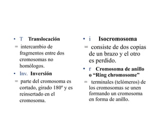 • T Translocación
= intercambio de
fragmentos entre dos
cromosomas no
homólogos.
• Inv. Inversión
= parte del cromosoma es
cortado, girado 180º y es
reinsertado en el
cromosoma.
• i Isocromosoma
= consiste de dos copias
de un brazo y el otro
es perdido.
• r Cromosoma de anillo
o “Ring chromosome”
= terminales (telómeros) de
los cromosomas se unen
formando un cromosoma
en forma de anillo.
 