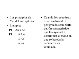 • Los principios de
Mendel aún aplican.
• Ejemplo:
P1 Aa x Aa
F1 ¼ AA
½ Aa
¼ aa
• Cuando los genetistas
están analizando el
pedigree buscan cierto
patrón característico
que los ayudará a
determinar el modo en
que se hereda la
característica
estudiada.
 