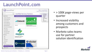 Page 4Marketo Proprietary and Confidential | © Marketo, Inc. 3/10/2016
LaunchPoint.com
• > 100K page-views per
quarter
• Increased visibility
among customers and
prospects
• Marketo sales teams
use for partner
solution identification
 