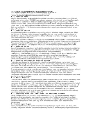 Lain - Lain 2,600,550 2,573,355 5,545,609 2,407,667 3,792,481 4,715,840 5,237,639 417,583
Jumlah 15,659,471 19,350,828 24,190,847 28,567,228 31,783,364 35,799,436 36,434,791 35.341.816
Sumber : - Hasil Survei Puslitbang Teknologi Mineral dan Batubara (tekMIRA), 2006
- Direktorat Pembinaan dan Pengusahaan Mineral dan Batubara (DPPMB), 2006
4.2.2 Industri Semen
Selama delapan tahun terakhir ini, perkembangan pemakaian batubara pada industri semen
berfluktuasi. Antara tahun 1998-2001, pemakaian batubara rata-rata naik sangat signifikan, yaitu
64,03%, namun pada tahun 2002 dan 2003 sempat mengalami penurunan hingga 7,59%.
Memasuki tahun 2004, kebutuhan batubara pada industri semen mengalami perubahan yang
positif, yaitu 19,78% seiring perkembangan ekonomi yang mulai membaik di dalam negeri. Tahun
2005, tercatat sekitar 17,04% kebutuhan batubara dalam negeri digunakan oleh industri semen
atau 5,77 juta ton.
4.2.3 Industri Tekstil
Industri tekstil memiliki tingkat ketergantungan yang tinggi terhadap bahan bakar minyak (BBM),
oleh karena itu dengan melambungnya harga BBM, banyak yang beralih ke bahan bakar ke
batubara, walaupun harus melakukan modifikasi terhadap boiler atau mengganti boiler yang
baru berbahan bakar batubara.
Pada tahun 2003 jumlah perusahaan tekstil yang menggunakan bahan bakar batubara hanya 18
perusahaan saja, namun pada tahun 2006 sudah bertambah menjadi 224 perusahaan tersebar di
Pulau Jawa terutama di Propinsi Jawa Barat. Kebutuhan batubaranya pun meningkat sangat
signifikan, yaitu dari 274.150 ton pada tahun 2003 naik menjadi 3,07 juta ton pada tahun 2006.
4.2.4 Industri Kertas
Seperti halnya pada perusahaan tekstil, batubara dalam industri kertas digunakan sebagai bahan
bakar dimana energi panas yang dihasilkan digunakan untuk memasak air pada boiler sehingga
menghasilkan uap yang diperlukan untuk memasak pulp (bubur kertas).
Perkembangan pemakaian batubara pada industri kertas selama kurun waktu 1998-2005 naik
sangat signifikan, rata-rata 42,36%. Namun untuk waktu mendatang diperkirakan
perkembangannya akan stabil pada kisaran 3,0 – 6,0 % per tahun. Pada tahun 2005, jumlah
kebutuhan batubara untuk industri ini mencapai sekitar 2,207 juta ton.
4.2.5 Industri Metalurgi dan Industri Lainnya
Perkembangan kebutuhan batubara oleh industri metalurgi berfluktuasi, namun ada trend
perkembangan yang meningkat sejalan dengan kondisi produksi perusahaan yang mengalami
turun naik. Tahun 1998 tercatat 144,907 ribu ton, meningkat hingga mencapai 236,802 ribu ton
pada tahun 2002, namun kemudian menurun hingga 112,827 ribu ton tahun 2005.
Di samping industri metalurgi, masih banyak industri lainnya yang menggunakan batubara sebagai
bahan bakar dalam mendukung proses produksinya, antara lain industri makanan, kimia,
pengecoran logam, karet ban, dan lainnya. Di Propinsi Banten dan Jawa Barat ada 21
perusahaan yang telah menggunakan batubara dengan total kebutuhan diperkirakan mencapai
416.708 ton untuk tahun 2005.
4.2.6 Briket Batubara
Dari data tahun 1998 – 2005, perkembangan briket batubara berfluktuatif, namun cenderung ada
peningkatan. Konsumsi terendah sebesar 23.506 ton pada tahun 2004 dan tertinggi pada
mencapai 38.302 ton tahun 1999. Pada sisi lain potensi konsumsi BBM yang dapat disubstitusi briket
batubara untuk IKM dan rumahtangga sebesar 12,32 juta ton, dan jumlah optimisnya sebesar 1,3
juta ton per tahun atau ekivalen dengan 936.000 kilo liter minyak tanah per tahun. Kondisi pasar
akan menentukan bagaimana prospek perbriketan batubara di Indonesia sebagai bahan
alternative substitusi minyak tanah khususnya, bersama-masa dengan energi alternative lainnya
seperti bahan bakar nabati (biofuel) dan LPG.
4.2.7 Upgrading Brown Coal, Gasifikasi, dan Pencairan Batubara
Terkait dengan upaya ketahanan bauran energi nasional, adalah pengembangan teknologi
batubara, dimana skala pilot plantnya dikembangkan oleh Puslitbang Teknologi Mineral dan
Batubara (tekMIRA) meliputi antara lain upgrading brown coal (UBC), gasifikasi, dan pencairan
batubara. Direncanakan tidak lama lagi akan dirintis ke arah demo plant sebelum skala
komersialisasi.
4.3 Perkembangan Ekspor
Kebutuhan batubara dunia saat ini ternyata meningkat sangat cepat, antara lain dipicu oleh
booming harga dan semakin banyaknya pembangunan PLTU di luar negeri yang menggunakan
 