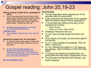 Gospel reading: John 20,19-23
Setting: Sunday, locked doors, greetings of
peace
 19 On the evening of that first day of the
week, when the doors were locked, where
the disciples were, for fear of the Jews,
Jesus came and stood in their midst and
said to them, "Peace be with you."
 20 When he had said this, he showed
them his hands and his side.
Feelings of joy
 The disciples rejoiced when they saw the
Lord.
Greetings of peace and the Holy Spirit
 21 (Jesus) said to them again, "Peace be
with you. As the Father has sent me, so I
send you."
 22 And when he had said this, he
breathed on them and said to them,
"Receive the holy Spirit. 23 Whose sins
you forgive are forgiven them, and whose
sins you retain are retained."
No more feelings of joy
Commentary
 The text describes Jesus’ appearance to the
apostles after his resurrection.
 It also describes the disposition of the apostles
after the death of Jesus and his appearance.
 V.19 provides the setting of the story of the
appearance of Jesus:
 Date: Sunday
 Venue: In a room, doors locked
 Greetings: Peace be with you.
 In v.20, Jesus quickly shows his hands and
side.
 They rejoice at his sight, not just at the sight of
his wounds.
 In v.21, Jesus repeats his greetings. Then he
adds, “I send you.”
 In v.22, following the pattern in v.20 (When he
had said this), Jesus breathes on them the Holy
Spirit.
 V.23 gives the reason for sending them, for
giving them the Holy Spirit: forgiveness of sins.
 The text does not describe their feelings. Ay!!
Quite intriguing!
 