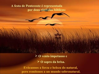  O vento impetuoso e
 O sopro da brisa.
Evócannos a forza e beleza do natural,
pero remítenos a un mundo sobrenatural.
A festa de Pentecoste é representada
por dous símbolos bíblicos:
 