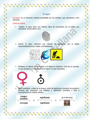 El signo
Concepto: es un elemento material perceptible por los sentidos, que representa a otro
elemento.

Clases de signos:

        Índices: el signo tiene una relación física de proximidad con el objeto que
       representa. (humo,fiebre, etc.)




       Íconos: el signo mantiene una relación           de   semejanza    con   el   objeto
       representado(pinturas, mapas, onomatopeyas)




       Símbolos: la relación entre el signo y el objeto es arbitraria, fruto de un acuerdo,
       no hay semejanza ni relación entre el signo y lo que representa.




       Signo lingüístico: unidad de la lengua, unión de significante (sucesión de sonidos o
       fonemas que componen una palabra) y significado (concepto o idea q
       representamos en nuestra mente).
 