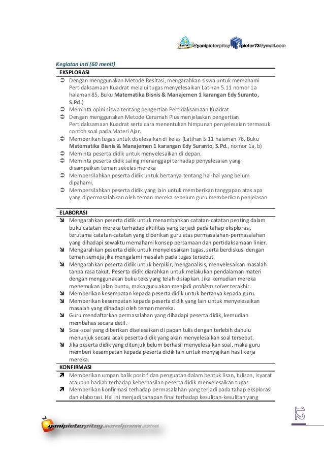 RPP: Persamaan dan Pertidaksamaan Kuadrat