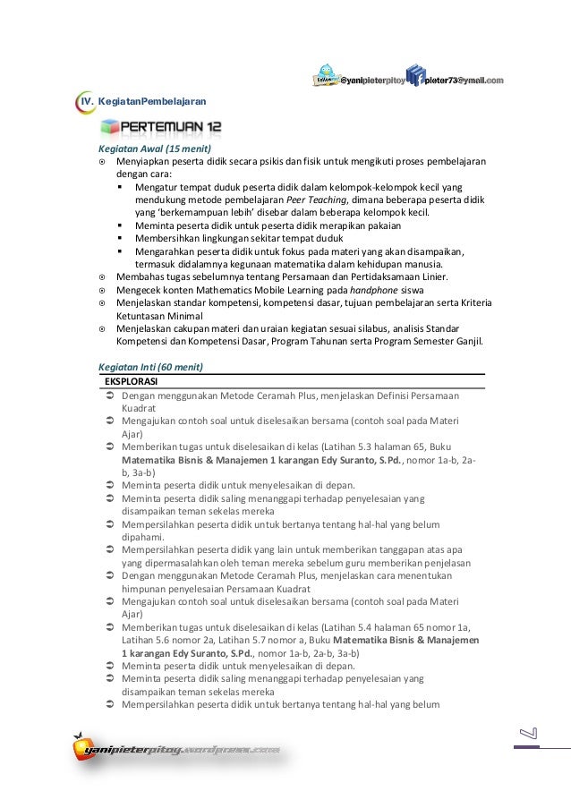 RPP: Persamaan dan Pertidaksamaan Kuadrat