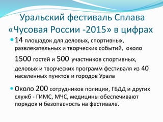 Уральский фестиваль Сплава
«Чусовая России -2015» в цифрах
14 площадок для деловых, спортивных,
развлекательных и творческих событий, около
1500 гостей и 500 участников спортивных,
деловых и творческих программ фестиваля из 40
населенных пунктов и городов Урала
 Около 200 сотрудников полиции, ГБДД и других
служб - ГИМС, МЧС, медицины обеспечивают
порядок и безопасность на фестивале.
 