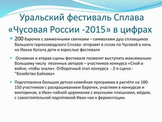  200 барочек с зажженными свечками – символами душ сплавщиков
большого горнозаводского Сплава- отправят в сплав по Чусовой в ночь
на Ивана Купала дети и взрослые фестиваля
 Основная и вторая сцены фестиваля позволят выступить максимально
большому числу песенных авторов – участников конкурса «Спой о
войне, чтобы знали». Отборочный этап конкурса - 2-я сцена -
"Хозяйство Байкова»
 Подготовлена большая детско-семейная программа в расчёте на 100-
150 участников с раскрашиванием барочек, участием в конкурсах и
викторинах, в Иван-чайной церемонии с вкусными плюшками, мёдом,
с самостоятельной подготовкой Иван-чая к ферментации.
Уральский фестиваль Сплава
«Чусовая России -2015» в цифрах
 