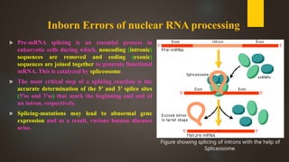 Inborn Errors of nuclear RNA processing
 Pre-mRNA splicing is an essential process in
eukaryotic cells during which, noncoding (intronic)
sequences are removed and coding (exonic)
sequences are joined together to generate functional
mRNA. This is catalyzed by spliceosome.
 The most critical step of a splicing reaction is the
accurate determination of the 5′ and 3′ splice sites
(5′ss and 3′ss) that mark the beginning and end of
an intron, respectively.
 Splicing-mutations may lead to abnormal gene
expression and as a result, various human diseases
arise.
Figure showing splicing of introns with the help of
Spliceosome.
 