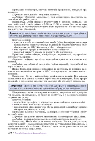 124 / Тема 5. Вибір особистої форми зайнятості
Приклади: менеджери, вчителі, медичні працівники, заводські пра­
цівники.
Переваги: стабільність, соціальні гарантії.
Недоліки: обмежені можливості для фінансового зростання, за-
лежність від роботодавця.
Наприклад, Орест працює бухгалтером у великій компанії. Він
має стабільний графік роботи з 9:00 до 18:00, отримує фіксовану заро-
бітну плату та користується соціальними гарантіями, як-от: оплачува-
на відпустка, лікарняні.
Фрилансер – самозайнята особа, яка на замовлення надає послуги різним
клієнтам без довгострокових зобов’язань перед роботодавцем.
Ключові ознаки:
• працює на себе як самозайнята особа (офіційно оформлює статус
самозайнятої особи та сплачує податок на доходи фізичних осіб),
або працює як ФОП (фізична особа – підприємець);
• має гнучкий графік і самостійно шукає клієнтів;
• зазвичай отримує оплату за проєкти або погодинно.
Приклади: вебдизайнери, копірайтери, маркетологи, програмісти,
журналісти, юристи.
Переваги: свобода, гнучкість, можливість працювати з різними клі-
єнтами.
Недоліки: нестабільний дохід, відсутність гарантій, самостійний по-
шук клієнтів.
Якщо фрилансер працює регулярно та системно, то кращим варі-
антом для нього буде оформити ФОП за спрощеною системою оподат-
кування.
Наприклад, Остап – вебдизайнер, який працює на себе. Він виконує
замовлення для різних клієнтів через онлайн-платформи. Його графік
гнучкий, а дохід може варіюватися залежно від кількості замовлень.
Підприємець – фізична або юридична особа, що офіційно зареєструвала свою
діяльність, яку вона веде з метою отримання прибутку на власний ризик.
Підприємець може засновувати стартапи, запускати нові продукти
чи послуги, орієнтуючись не лише на прибуток, а й на масштабування
та розвиток ринку.
Ключові ознаки:
• самостійно організовує діяльність, може наймати працівників;
• несе ризики, пов’язані з бізнесом;
• зазвичай має чітко визначену сферу діяльності (роздрібна торгівля,
послуги, виробництво тощо).
Приклади: власник магазину, майстерні з ремонту техніки (одягу,
взуття), кафе.
Переваги: офіційний статус, можливість масштабувати діяльність.
Недоліки: податки, бюрократія, відповідальність за результат.
Наприклад, Надія відкрила власну кав’ярню. Вона відповідає за всі
аспекти бізнесу – від закупівлі продуктів до управління персоналом. Її
дохід залежить від успішності бізнесу, і вона готова ризикувати для до-
сягнення високих результатів.
 
