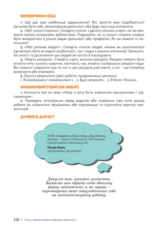 132 / Тема 5. Вибір особистої форми зайнятості
ПЕРЕВІРЯЄМО СЕБЕ
1. Що дає вам найбільше задоволення? Які заняття вам подобаються?
Це може бути хобі, волонтерська діяльність або будь-яка інша активність.
2. «Мої сильні сторони». Складіть список з десяти сильних сторін, які ви вва-
жаєте своїми основними здібностями. Подумайте, як ці сильні сторони можуть
бути використані в різних видах діяльності або професіях. Як ви можете їх по-
ліпшити?
3. «Мої рольові моделі». Складіть список людей, якими ви захоплюєтеся
(це можуть бути як відомі особистості, так і люди з вашого оточення). Запишіть,
які якості та досягнення цих людей ви хотіли б наслідувати.
4. «Карта ресурсів». Створіть карту власних ресурсів. Ресурси можуть бути
різного типу: знання, навички, контакти, час, енергія, матеріальні ресурси тощо.
Ви повинні подумати про те, які із цих ресурсів уже маєте, а які – ще потрібно
розвинути або отримати.
5. Оцініть результати своєї роботи, продовживши речення:
1. Я ознайомився / ознайомилася з… 2. Було непросто… 3. Я досяг / досягла...
ФІНАНСОВИЙ ГЕНІЙ (НА ВИБІР)
1. Напишіть есе на тему «Чому я хочу бути найманим працівником / під-
приємцем».
2. Проведіть опитування серед родичів або знайомих про їхній досвід
р­
оботи як найманого працівника або підприємця та підготуйте коротку пре-
зентацію.
ДУМКИ В ДОРОГУ
Треба опанувати одну справу, одну ділянку
життя – і знати її досконало. Тоді станеш
справді кимось помітним у ній.
Петро Яцик,
підприємець, філантроп
Дякуємо вам, шановне учнівство.
Бажаємо вам обрати свою ідеальну
форму зайнятості, а ще краще –
перетворити ваше найулюбленіше хобі
на високооплачувану роботу.
 