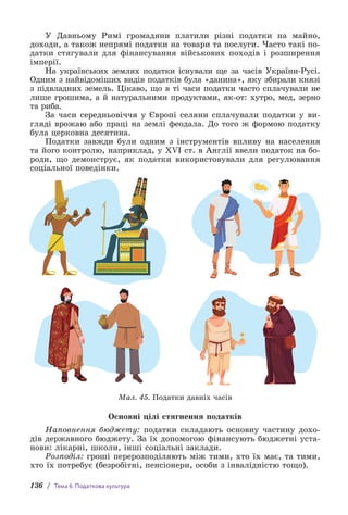 136 / Тема 6. Податкова культура
У Давньому Римі громадяни платили різні податки на майно,
д­
оходи, а також непрямі податки на товари та послуги. Часто такі по-
датки стягували для фінансування військових походів і розширення
імперії.
На українських землях податки існували ще за часів України-Русі.
Одним з найвідоміших видів податків була «данина», яку збирали князі
з підвладних земель. Цікаво, що в ті часи податки ч­
асто сплачували не
лише грошима, а й натуральними продуктами, як-от: хутро, мед, зерно
та риба.
За часи середньовіччя у Європі селяни сплачували податки у ви-
гляді врожаю або праці на землі феодала. До того ж формою податку
була церковна десятина.
Податки завжди були одним з інструментів впливу на населення
та його контролю, наприклад, у XVI ст. в Англії ввели податок на бо-
роди, що демонструє, як податки використовували для регулювання
соціальної поведінки.
Мал. 45. Податки давніх часів
Основні цілі стягнення податків
Наповнення бюджету: податки складають основну частину дохо-
дів державного бюджету. За їх допомогою фінансують бюджетні уста-
нови: лікарні, школи, інші соціальні заклади.
Розподіл: гроші перерозподіляють між тими, хто їх має, та тими,
хто їх потребує (безробітні, пенсіонери, особи з інвалідністю тощо).
 