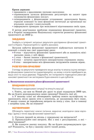 14 / Тема. Фінансовий добробут, фінансова стійкість і формування фінансової культури
Кроки держави:
• працювати з вразливими групами населення;
• спрямовувати зусилля фінансових регуляторів на захист прав
споживачів фінансових послуг;
• співпрацювати з фінансовими установами: заохочувати банки,
страхові компанії та інші фінансові інституції до організації на-
вчальних заходів і консультацій;
• інформувати громадян про можливості відстоювання своїх прав.
З метою розв’язання проблеми підвищення фінансової грамотно-
сті в Україні затверджено Національну стратегію розвитку фінансової
грамотності до 2030 р.
Завдання
Знайдіть в інтернеті актуальні результати дослідження фінансової грамот-
ності в Україні. Проаналізуйте їх і зробіть висновки.
Загалом набуття фінансової грамотності відбувається поетапно й
кожний з етапів має свої характерні риси:
● 
0 етап – відсутність фінансової грамотності або ж наявність міні-
мальних знань у цій сфері;
● 1 етап – базові знання з фінансової грамотності;
● 
2 етап – початок практичного використання отриманих знань;
● 3 етап – використання всіх фінансових інструментів повною мірою.
РОЗВ’ЯЗУЄМО ПРОБЛЕМУ
З огляду на результати проведеного вище аналізу та власну оцінку володін-
ня фінансовою грамотністю схарактеризуйте, на якому з етапів перебуваєте ви,
ваша сім’я та наша держава. Подумайте, які інструменти підвищення рівня фі-
нансової грамотності ви застосували б для кожного із цих суб’єктів.
5. Визначення власного рівня фінансової грамотності
Працюємо в групі
Розгляньте змодельовані ситуації та опишіть ваші дії.
1. Уявіть, що вам на Новий рік друзі та рідні подарували 2000 грн.
Як ви будете розпоряджатися цими грошима? Опишіть свої дії.
2. У вашому класі всі обговорюють трейлер нового мультфільму та
пропонують після уроків піти в кінотеатр, де заплановано його сеанс.
У ваших планах не передбачено витрати на похід у кіно. Але в гаманці
є потрібна сума. Як ви вчините?
Обговорюємо
Обговоріть перелічені нижче питання, водночас аналізуючи свою відпо-
відь / думку з точки зору фінансової грамотності.
1. Скільки грошей на місяць у середньому ви витрачаєте?
2. Проаналізуйте свої витрати. Які з них є регулярними, а які –
обов’язковими?
3. Ви плануєте значну покупку. Як ви будете нагромаджувати гро-
ші? Розкажіть, чи був у вашому житті такий досвід.
 