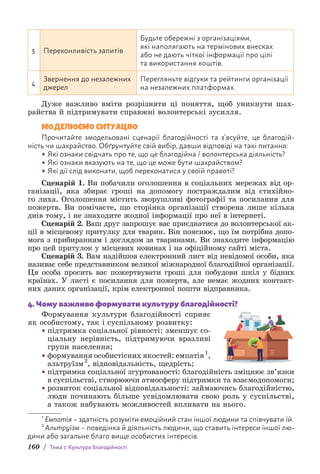 160 / Тема 7. Культура благодійності
3 Переконливість запитів
Будьте обережні з організаціями,
які наполягають на термінових внесках
або не дають чіткої інформації про цілі
та використання коштів.
4
Звернення до незалежних
джерел
Перегляньте відгуки та рейтинги організації
на незалежних платформах.
Дуже важливо вміти розрізняти ці поняття, щоб уникнути шах-
райства й підтримувати справжні волонтерські зусилля.
МОДЕЛЮЄМО СИТУАЦІЮ
Прочитайте змодельовані сценарії благодійності та з’ясуйте, це благодій-
ність чи шахрайство. Обґрунтуйте свій вибір, давши відповіді на такі питання:
• Які ознаки свідчать про те, що це благодійна / волонтерська діяльність?
• Які ознаки вказують на те, що це може бути шахрайством?
• Які дії слід виконати, щоб переконатися у своїй правоті?
Сценарій 1. Ви побачили оголошення в соціальних мережах від ор-
ганізації, яка збирає гроші на допомогу постраждалим від стихійно-
го лиха. Оголошення містить зворушливі фотографії та посилання для
пожертв. Ви помічаєте, що сторінка організації створена лише кілька
днів тому, і не знаходите жодної інформації про неї в інтернеті.
Сценарій 2. Ваш друг запрошує вас приєднатися до волонтерської ак-
ції в місцевому притулку для тварин. Він пояснює, що їм потрібна допо-
мога з прибиранням і доглядом за тваринами. Ви знаходите інформацію
про цей притулок у місцевих новинах і на офіційному сайті міста.
Сценарій 3. Вам надійшов електронний лист від невідомої особи, яка
називає себе представником великої міжнародної благодійної організації.
Ця особа просить вас пожертвувати гроші для побудови шкіл у бідних
країнах. У листі є посилання для пожертв, але немає жодних контакт­
них даних організації, крім електронної пошти відправника.
4. Чому важливо формувати культуру благодійності?
Формування культури благодійності сприяє
як особистому, так і суспільному розвитку:
• підтримка соціальної рівності: зменшує со-
ціальну нерівність, підтримуючи вразливі
групи населення;
• формування особистісних якостей: емпатія1
,
альтруїзм2
, відпові­
даль­
ність, щедрість;
• підтримка соціальної згуртованості: благодійність зміцнює зв’язки
в суспільстві, створюючи атмосферу підтримки та взаємодопомоги;
• розвиток соціальної відповідальності: займаючись благодійністю,
люди починають більше усвідомлювати свою роль у суспільстві,
а також набувають можливостей впливати на нього.
1
Емпатія – здатність розуміти емоційний стан іншої людини та співчувати їй.
2
Альтруїзм – поведінка й діяльність людини, що ставить інтереси іншої лю-
дини або загальне благо вище особистих інтересів.
 