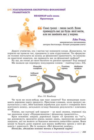 § 17. Узагальнення: експертиза фінансової грамотності / 163
§ 17. 
УЗАГАЛЬНЕННЯ: ЕКСПЕРТИЗА ФІНАНСОВОЇ
ГРАМОТНОСТІ
ROADMAP моїх знань
Практикум
Самі гроші – лише засіб. Вони
приведуть вас до будь-якої мети,
але не замінять вас у керма.
Айн Ренд,
американська письменниця,
авторка бестселера «Атлант розправив плечі»
Дороге учнівство, ось і настав час пожинати плоди. Дізнаємося, чи
корисно ви провели час, працюючи із цим підручником. Чи сформува-
ли головні постулати на шляху до фінансової грамотності, чи опанува-
ли практичні навички, що приведуть вас до фінансової свободи?
Ну що, ви готові до свого багатого та рясного врожаю? Тоді в­
перед!
Ми назвали цю перевірку популярним словом – roadmap (мал. 53).
Платіжна
картка
Майбутня
професія
Фінансове
планування
Людський
капітал
Розминка
Мал. 53. Roadmap
Чи чули ви коли-небудь про таке поняття? Так менеджери нази-
вають дорожню карту продукту. Простими словами, коли продукт ви-
пускається у світ, обов’язковим атрибутом для нього є створення його
життєвого шляху, загального огляду бажаних результатів і ключових
цілей.
Уявімо, що сьогодні цей продукт – це ваші знання, отримані під
час вивчення курсу «Підприємництво і фінансова грамотність».
Крім основних завдань дорожньої карти «З грошима на “ти”»,
що допоможуть зрозуміти рівень ваших знань, пропонуємо додаткові
завдання, які ви можете за бажання виконати самостійно вдома. Вони
цікаві та будуть дуже корисні для ваших майбутніх кроків у с­
віті фі-
нансів і дорослості. Ми їх назвали «Мої фінансові наміри».
Почнімо, здолаймо основні точки в дорожній карті!
 