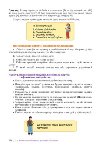 168 / § 17. Узагальнення: експертиза фінансової грамотності
Приклад. Я хочу отримати 10 балів з математики (S) за підсумковий тест (M)
до кінця цього семестру (T). Я буду працювати над цим протягом однієї години
щодня (A), тому що це допоможе мені вступити до коледжу (R).
Скориставшись прикладом, запишіть свою власну SMART-ціль.
Як досягнути цілі?
1. Оцініть свої доходи.
2. Поставте ціль.
3. Складіть бюджет.
4. Починайте заощаджувати.
МОЇ ФІНАНСОВІ НАМІРИ: ФІНАНСОВЕ ПЛАНУВАННЯ
1. Оберіть свою фінансову мету на найближчий місяць. Наприклад, від-
класти 800 грн на покупку книжок, гри або подарунка.
2. Складіть план досягнення цієї мети:
1. Скільки грошей ви маєте зараз?
2. Скільки грошей потрібно відкладати щотижня, щоб досягти
мети?
3. У який спосіб можете заощадити або отримати додатковий
дохід?
Пункт 3. 
Банківський рахунок, банківська картка
та фінансове шахрайство
1. Уявіть, що ви отримали свою першу банківську картку.
• Наведіть три ситуації, у яких ви будете використовувати картку
(наприклад, оплата покупок, бронювання квитків, зняття
коштів).
• Розкажіть, у яких випадках зручніше використовувати картку
замість готівки.
• Як ви можете заощаджувати за допомогою картки? (Наприклад,
кешбек, знижки, програми лояльності).
• Запропонуйте один конкретний спосіб економії, який можна
застосувати в повсякденному житті.
• Яких правил безпеки слід дотримуватися під час користування
карткою?
• Уявіть, що ви загубили картку: складіть план дій у цій ситуації.
Що робити з моєю банківською
карткою?
 