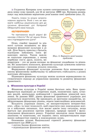 § 2. Як підвищувати рівень фінансової культури / 21
2. Студентка Катерина хоче купити електросамокат. Вона нагрома-
дила певну суму грошей, але їй не вистачає 4000 грн. Катерина розмір-
ковує над можливими варіантами розв’язання своєї проблеми (мал. 5).
Укажіть плюси та мінуси запропо-
нованих варіантів. Який з них ви вва-
жаєте найбільш раціональним для до-
сягнення фінансової цілі Катерини?
Обґрунтуйте свою позицію.
Обговорюємо
Чи притаманна вашій родині фі-
нансова стійкість? Які дії ваших близь-
ких є підтвердженням цього?
Отже, сімейні традиції та цін-
ності суттєво впливають на фор-
мування фінансової культури в ді-
тей. Діти беруть приклад з батьків,
підсвідомо набувають їхніх фі-
нансових звичок. Також важли-
ве соціальне середовище, у якому
перебуває сім’я: друзі, колеги, ме-
діаресурси – усе це разом впливає на фінансові уподобання та рішен-
ня. Як зазначають психологи, фінансова культура зумовлена навичка-
ми поводження з грошима кількох поколінь.
Формування фінансової культури допоможе бути впевненими у
своєму фінансовому майбутньому та забезпечить стабільність у різних
життєвих обставинах.
Підвищити фінансову культуру можна шляхом впровадження си­
стематичного підходу до управління грошима та розвитку фінансової
грамотності.
5. Фінансова культура в Україні
Фінансова культура в Україні зазнає багатьох змін. Вона транс­
формується відповідно до історичних подій, економічних криз, сучас-
них реалій, ментальних особливостей і традиційних цінностей насе-
лення. За даними НБУ, рівень фінансової грамотності українців досі
залишається недостатнім. Це призводить до зростання шахрайства, не-
обґрунтованих фінансових рішень, втрати інвестиційних можливостей.
Більшість українців знають, як використовувати інтернет-бан-
кінг, «Дію» та інші технології, щоб спростити своє повсякденне жит-
тя в побутових питаннях. Але маємо зовсім іншу ситуацію, якщо
йдеться про розуміння причин інфляції, природи грошей і функ-
ціонування фінансового ринку. Українці оволоділи лише базовими
знаннями та навичками, які надають змогу використовувати пере-
важно найпростіші сервіси в повсякденних цілях.
Основними цілями Національної стратегії розвитку фінансової
грамотності (до 2030 р.) є:
• якісна базова фінансова освіта;
• відповідальне фінансове життя;
Зачекати й
нагромадити
потрібну
суму грошей
Купівля
Зачекати,
коли батьки
отримають
премію
Знайти
роботу на
неповний
день або
підробляти
Позичити
гроші та
купити
в борг
Мал. 5. Варіанти розв’язання
проблеми
 