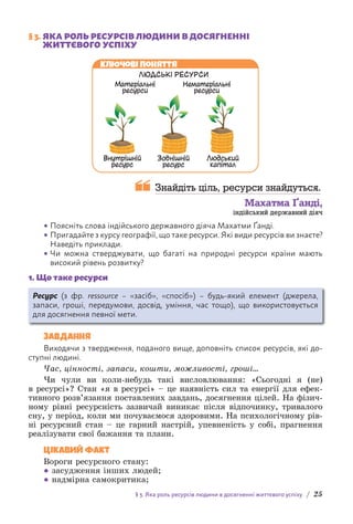 § 3. Яка роль ресурсів людини в досягненні життєвого успіху / 25
§ 3. 
ЯКА РОЛЬ РЕСУРСІВ ЛЮДИНИ В ДОСЯГНЕННІ
ЖИТТЄВОГО УСПІХУ
ЛЮДСЬКІ РЕСУРСИ
Внутрішній
ресурс
Матеріальні
ресурси
Нематеріальні
ресурси
Зовнішній
ресурс
Людський
капітал
Ключові поняття
 
Знайдіть ціль, ресурси знайдуться.
Махатма ¥анді,
індійський державний діяч
• Поясніть слова індійського державного діяча Махатми Ґанді.
• Пригадайте з курсу географії, що таке ресурси. Які види ресурсів ви знаєте?
Наведіть приклади.
• Чи можна стверджувати, що багаті на природні ресурси країни мають
високий рівень розвитку?
1. Що таке ресурси
Ресурс (з фр. ressource – «засіб», «спосіб») – будь-який елемент (джерела,
запаси, гроші, передумови, досвід, уміння, час тощо), що використовується
для досягнення певної мети.
Завдання
Виходячи з твердження, поданого вище, доповніть список ресурсів, які до-
ступні людині.
Час, цінності, запаси, кошти, можливості, гроші…
Чи чули ви коли-небудь такі висловлювання: «Сьогодні я (не)
в р­
есурсі»? Стан «я в ресурсі» – це наявність сил та енергії для ефек-
тивного розв’язання поставлених завдань, досягнення цілей. На фізич-
ному рівні ресурсність зазвичай виникає після відпочинку, тривалого
сну, у період, коли ми почуваємося здоровими. На психологічному рів-
ні ресурсний стан – це гарний настрій, упевненість у собі, прагнення
реалізувати свої бажання та плани.
Цікавий факт
Вороги ресурсного стану:
● засудження інших людей;
● надмірна самокритика;
 