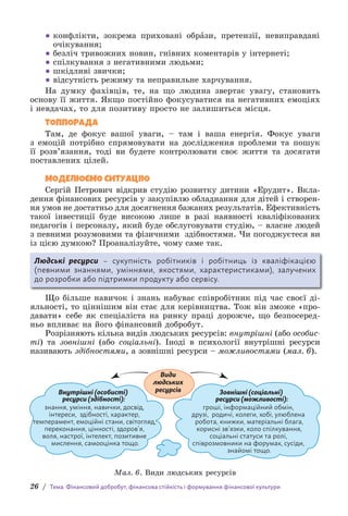 26 / Тема. Фінансовий добробут, фінансова стійкість і формування фінансової культури
● 
конфлікти, зокрема приховані образи, претензії, невиправдані
очікування;
● безліч тривожних новин, гнівних коментарів у інтернеті;
● спілкування з негативними людьми;
● шкідливі звички;
● відсутність режиму та неправильне харчування.
На думку фахівців, те, на що людина звертає увагу, становить
основу її життя. Якщо постійно фокусуватися на негативних емоціях
і невдачах, то для позитиву просто не залишиться місця.
ТОППОРАДА
Там, де фокус вашої уваги, – там і ваша енергія. Фокус уваги
з емоцій потрібно спрямовувати на дослідження проблеми та пошук
її розв’язання, тоді ви будете контролювати своє життя та досягати
поставлених цілей.
МОДЕЛЮЄМО СИТУАЦІЮ
Сергій Петрович відкрив студію розвитку дитини «Ерудит». Вкла-
дення фінансових ресурсів у закупівлю обладнання для дітей і створен-
ня умов не достатньо для досягнення бажаних результатів. Ефективність
такої інвестиції буде високою лише в разі наявності квалі­
фікованих
педагогів і персоналу, який буде обслуговувати студію, – власне людей
з певними розумовими та фізичними здібностями. Чи погоджуєтеся ви
із цією думкою? Проаналізуйте, чому саме так.
Людські ресурси – сукупність робітників і робітниць із кваліфікацією
(певними знаннями, уміннями, якостями, характеристиками), залучених
до розробки або підтримки продукту або сервісу.
Що більше навичок і знань набуває співробітник під час своєї ді-
яльності, то ціннішим він стає для керівництва. Тож він зможе «про-
давати» себе як спеціаліста на ринку праці дорожче, що безпосеред-
ньо впливає на його фінансовий добробут.
Розрізняють кілька видів людських ресурсів: внутрішні (або особис­
ті) та зовнішні (або соціальні). Іноді в психології внутрішні ресурси
н­
азивають здібностями, а зовнішні ресурси – можливостями (мал. 6).
Види
людських
ресурсів
Внутрішні (особисті)
ресурси (здібності):
знання, уміння, навички, досвід,
інтереси, здібності, характер,
темперамент, емоційні стани, світогляд,
переконання, цінності, здоров’я,
воля, настрої, інтелект, позитивне
мислення, самооцінка тощо.
гроші, інформаційний обмін,
друзі, родичі, колеги, хобі, улюблена
робота, книжки, матеріальні блага,
корисні зв’язки, коло спілкування,
соціальні статуси та ролі,
співрозмовники на форумах, сусіди,
знайомі тощо.
Зовнішні (соціальні)
ресурси (можливості):
Мал. 6. Види людських ресурсів
 