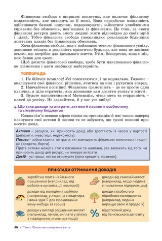 46 / Тема 1. Фінансове планування життя
Фінансова свобода є ширшим поняттям, яке включає фінансову
незалежність, але виходить за її межі. Вона передбачає можливість
здійснювати бажані покупки, подорожувати, займатися улюбленими
справами без обмежень, пов’язаних із фінансами. Це стан, за якого
фінансові ресурси дають змогу людині жити відповідно до своїх мрій
і цілей. Тобто фінансова свобода уможливлює реалізацію будь-яких
життєвих планів без фінансових обмежень.
Хоча фінансова свобода, яка є найвищою точкою фінансового успіху,
допоможе втілити в реальність практично будь-що, але вона не замінює
всього, що потрібне для ідеального життя. Утім, безперечно, вона є міц-
ною базою для цього.
Щоб досягти фінансової свободи, треба бути максимально фінансо-
во грамотним і мати неабияку майстерність.
ТОППОРАДА
1. Не бійтеся помилок! Усі помиляються, і це нормально. Головне –
аналізувати свої фінансові рішення, вчитися на них і рухатися вперед.
2. Навчайтеся постійно! Фінансова грамотність – це не просто одна
навичка, а ціла стратегія, яка допоможе вам досягти успіху в житті.
3. Будьте наполегливими! Мотивація, чітка мета та старанність –
ключі до успіху. Не здавайтеся, й у вас усе вийде!
4. 
Що таке доходи та витрати, активи й пасиви в особистому
та сімейному бюджетах
Кожна сім’я певною мірою схожа на організацію й має також н­
аперед
планувати свої активи й пасиви та не забувати, що гроші п­
овинні при-
носити дохід.
Активи – ресурси, які приносять дохід або зростають із часом у вартості
(д­
епозити, інвестиції, нерухомість).
Пасиви – зобов’язання, витрати, які зменшують фінансові можливості люди-
ни (кредити, борги).
Проте активи можуть стати пасивами та навпаки, усе залежить від того, чи
приносить дохід цей ресурс, чи генерує витрати.
Дохід – усі гроші, які ви отримуєте (крім кредитів, позичок).
ПРИКЛАДИ ОТРИМАННЯ ДОХОДІВ

заробітна плата найманого
працівника (наприклад, від
роботи в організації, компанії)

доходи від самозайнятості
(наприклад, якщо людина
є приватним підприємцем)

доходи від володіння майном
(наприклад, у людини є квартира,
і вона здає її для проживання
кому-небудь за гроші)

доходи з особистого
підсобного господарства
(наприклад, людина
вирощує овочі й продає їх)

доходи у вигляді соціальних виплат
(наприклад, пенсія, виплати у зв’язку
з інвалідністю, стипендія тощо)
відсотковий дохід
від банківського депозиту
 