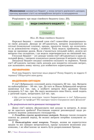 64 / Тема 1. Фінансове планування життя
Збалансованим називається бюджет, у якому витрати дорівнюють доходам,
причому враховані статті на непередбачені витрати та заощадження.
Розрізняють три види сімейного бюджету (мал. 25).
ВИДИ СІМЕЙНОГО БЮДЖЕТУ
Окремий
Спільний
Змішаний
Мал. 25. Види сімейного бюджету
Окремий бюджет – кожний член сім’ї самостійно розпоряджаєть-
ся своїм доходом. Доходи не об’єднуються, витрати поділяються на
спільні (комунальні платежі, оренда, продукти тощо), що оплачують-
ся за домовленістю сторін, і особисті. Така модель прийнятна, якщо
пара не проживає разом. Коли з’являється спільний побут, ділити всі
витрати стає складніше, і ця модель перетворюється на змішаний тип.
Спільний бюджет – усі доходи членів сім’ї об’єднуються в один за-
гальний фонд, і витрати плануються разом (доходи й витрати спільні).
Змішаний бюджет поєднує елементи спільного та окремого. Члени
сім’ї об’єднують частину своїх доходів для покриття спільних витрат,
але залишають певну частку для особистого користування.
ОБГОВОРЮЄМО
Який вид бюджету практикує ваша родина? Якому бюджету ви віддали б
перевагу? Обґрунтуйте свою думку.
МОДЕЛЮЄМО СИТУАЦІЮ
У сім’ї Зубрицьких сукупний дохід становить 32 тис. грн. Витрати
на найпотрібніше – 16 тис. грн. До того ж Павло Зубрицький в­
итрачає
щомісяця 5,5 тис. грн, а особисті вит­
рати його дружини Олени
складають 5,7 тис. грн. На свого маленького сина Олега, який ходить
у д­
итячий садок, витрачають 2,8 тис. грн.
• Що утворюється внаслідок такого бюджетування в сім’ї Зубрицьких:
дефіцит чи профіцит? Які наслідки такого планування своїх фінансів?
3. Як раціонально вести домашнє господарство
Деякі сім’ї вміють збалансувати свої доходи та витрати. А якщо
це не вдається зробити? Розгляньмо корисні рекомендації щодо ро-
зумного ведення домашнього господарства.
1. Складіть список щомісячних витрат. Бажано також складати
списки на довший період, бо великі витрати потрібно планувати за-
здалегідь.
2. Оптимізуйте ваші покупки. Товари, якими ви користуєтеся
щодня та які швидко витрачаються, краще купувати великими упа-
ковками, і не обов’язково це мають бути розрекламовані бренди.
 