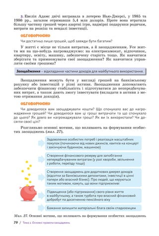 70 / Тема 2. Основні правила заощаджень
2. Евелін Адамс двічі вигравала в лотерею Нью-Джерсі, у 1985 та
1986 рр., загалом отримавши 5,4 млн доларів. Проте вона втратила
більшу частину грошей через азартні ігри, надмірні подарунки родичам,
витрати на розкіш та невдалі інвестиції.
ОБГОВОРЮЄМО
Чи достатньо лише грошей, щоб завжди бути багатим?
У житті є місце не тільки витратам, а й заощадженням. Усе жит-
тя ми на що-небудь нагромаджуємо: на електросамокат, відпочинок,
квартиру, освіту, машину, забезпечену старість тощо. Як навчитися
зберігати та примножувати свої заощадження? Як навчитися управ-
ляти своїми грошима?
Заощадження – відкладання частини доходів для майбутнього використання.
Заощадження можуть бути у вигляді грошей на банківському
р­
ахунку або інвестицій у різні активи. Заощадження допомагають
з­
абезпечити фінансову с­
табільність і підготуватися до непередбачува-
них витрат, а також дають змогу інвестувати (вкладати в активи з ме-
тою отримання доходів).
ОБГОВОРЮЄМО
Чи доводилося вам заощаджувати кошти? Що спонукало вас до нагро-
мадження грошей? Чи доводилося вам ці гроші витрачати та що спонукало
до цього? Як довго ви нагромаджували гроші? Як ви їх використали? Чи до­
сягли своєї цілі?
Розгляньмо основні мотиви, що впливають на формування особис-
тих з­
аощаджень (мал. 27).
Задоволення особистих потреб і реалізація масштабних
покупок (починаючи від нових джинсів, квитків на концерт
і закінчуючи будинком, машиною)
Створення фінансового резерву для запобігання
непередбачуваним витратам (у разі хвороби, звільнення
з роботи, переїзду тощо)
Створення заощаджень для додаткових джерел доходів
(відсотки за банківськими депозитами, інвестиції в цінні
папери або власний бізнес). Про людей, що керуються
таким мотивом, кажуть, що вони підприємливі
Підвищення (або підтримання) свого рівня життя
в майбутньому, а також турбота про власний фінан­
совий
добробут по досягненню пенсійного віку
Бажання залишити матеріальні блага своїм спадкоємцям
Мал. 27. Основні мотиви, що впливають на формування особистих заощаджень
 