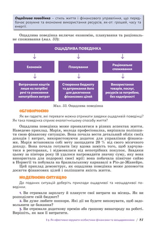 § 9. Як ефективно керувати особистими фінансами та заощадженнями / 81
Ощадлива поведінка – стиль життя і фінансового управління, що перед-
бачає розумне та економне використання ресурсів, як-от: грошей, часу та
енергії.
Ощадлива поведінка включає економію, планування та раціональ-
не споживання (мал. 33):
ОЩАДЛИВА ПОВЕДІНКА
Економія
Витрачання коштів
лише на потрібні
речі та уникнення
непотрібних витрат
Створення бюджету
та дотримання його
для досягнення
фінансових цілей
Використання
товарів, послуг,
ресурсів за потребою,
без надмірності
Планування
Раціональне
споживання
Мал. 33. Ощадлива поведінка
ОБГОВОРЮЄМО
Як ви гадаєте, які переваги можна отримати завдяки ощадливій поведінці?
Як така поведінка сприяє екологічнішому способу життя?
Ощадлива поведінка може проявлятися в різних аспектах життя.
Наведемо приклад. Марія, молода професіоналка, вирішила поліпши-
ти свою фінансову ситуацію. Вона почала вести детальний облік своїх
доходів і витрат, використовуючи додаток для управління фінанса-
ми. Марія встановила собі мету заощадити 20 % від свого місячного
д­
оходу. Вона почала готувати їжу вдома замість того, щоб харчува-
тися в ресторанах, і відмовилася від непотрібних покупок. Завдяки
цьому за півтора року їй удалося нагромадити значну суму, яку вона
використала для подорожі своєї мрії: вона побачила північне сяйво
в Норвегії та побувала на бразильському карнавалі в Ріо-де-Жанейро.
Цей приклад демонструє, як ощадлива поведінка може допомогти
досягти фінансових цілей і поліпшити якість життя.
МОДЕЛЮЄМО СИТУАЦІЮ
До поданих ситуацій доберіть приклади ощадливої та неощадливої по­
ведінки.
1. Ви отримали зарплату й плануєте свої витрати на місяць. Як ви
розподілите свій бюджет?
2. Ви дуже любите попкорн. Які дії ви будете виконувати, щоб задо-
вольнити це бажання?
3. Ви отримали додаткову премію або грошову винагороду на роботі.
Вирішіть, як вам її витратити.
 