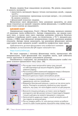 82 / Тема 2. Основні правила заощаджень
Кожна людина буде ощадливою по-різному. На рівень ощадливос-
ті можуть впливати:
• відсутність мотивації: бракує чітких поставлених цілей, «заради
чого?»;
• звички споживання: пропаганда культури витрат, «ти успіш­
ний,
бо можеш купити»;
• фінансовий психотип людини.
Визначення свого фінансового типу допоможе зрозуміти, як різні
люди ставляться до грошей і керують своїми фінансами, і в майбутньому
може стати ключем до ощадливості.
ЦІКАВИЙ ФАКТ
Американське подружжя, Скотт і Бетані Палмер, написало книжку
«5 грошових типів особистості». Автори стверджують, що знання влас-
ного типу, а також типу свого партнера допоможе уникнути багатьох
проблем у сімейному житті: адже, за статистикою, у 75 % випадків роз-
лучень у США саме фінансові непорозуміння стають причиною розриву
стосунків. Автори також зазначають, що розуміння фінансових звичок
одне одного може зміцнити шлюб і запобігти конфліктам через гроші.
Щоб визначити, до якого фінансового типу особистості належите
ви, перейдіть за посиланням або QR-кодом і виконайте тест.
https://cutt.ly/7eOmL405
Не існує хороших і поганих фінансових типів, правильних або
неправильних. Свій фінансовий тип потрібно знати, щоб побачити
точки зростання й свідомо ухвалювати рішення.
Ознайомтеся з порадами, що допоможуть збалансувати слабкі сто-
рони кожного фінансового типу (мал. 34).
Зберігачі • 
Раз на два тижні витрачайте певну суму грошей
на себе відповідно до вашого бюджету. Даруйте собі
невеликі радощі.
• 
Раз на місяць робіть маленький подарунок комусь із близьких
чи віддавайте невелику суму на благодійність.
• 
Викиньте декілька старих непотрібних речей.
Розтратники • 
Раз на тиждень утримайтеся від покупки, що обіцяє
задоволення, але не є потрібною.
• 
Відкрийте банківський рахунок, з якого не так легко зняти
кошти. Покладіть на рахунок прийнятну суму грошей і
вирішіть, яку суму і як часто будете класти на цей рахунок.
Вартові
безпеки
• 
Визначте спеціальний день на тижні, коли ви будете
розподіляти свої фінансові потоки й переглядати бюджет,
і лише в цей день ви можете працювати з грошима.
• 
Започаткуйте щоденник подяк, у який записуйте хоча б
три подяки за минулий день.
• 
Раз на тиждень робіть те, чого раніше ніколи не робили:
почистіть зуби іншою рукою, скуштуйте нову страву тощо.
 